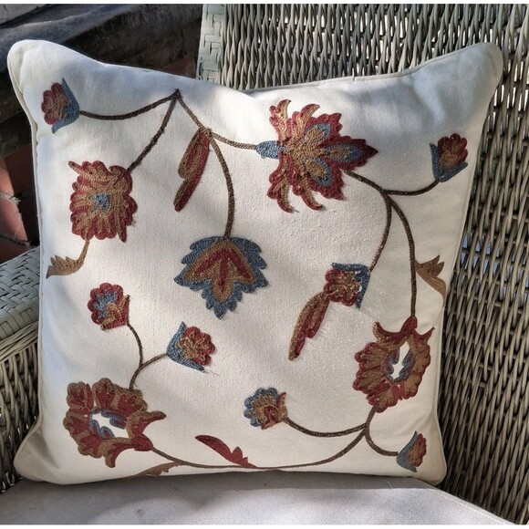 B Smith Embroidered Floral Leaves Throw Pillow Zipper Red Green Feather Filled - Picture 1 of 5